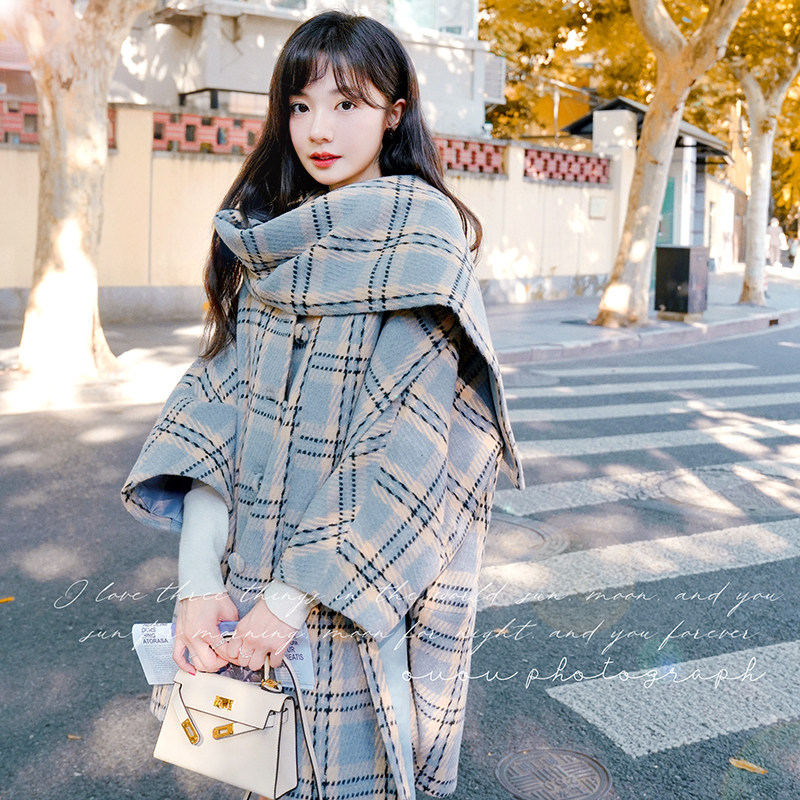 甜美气质灰蓝色格纹呢大衣外套女秋冬2025新款设计感小众流行爆款,女装毛呢外套,2C021