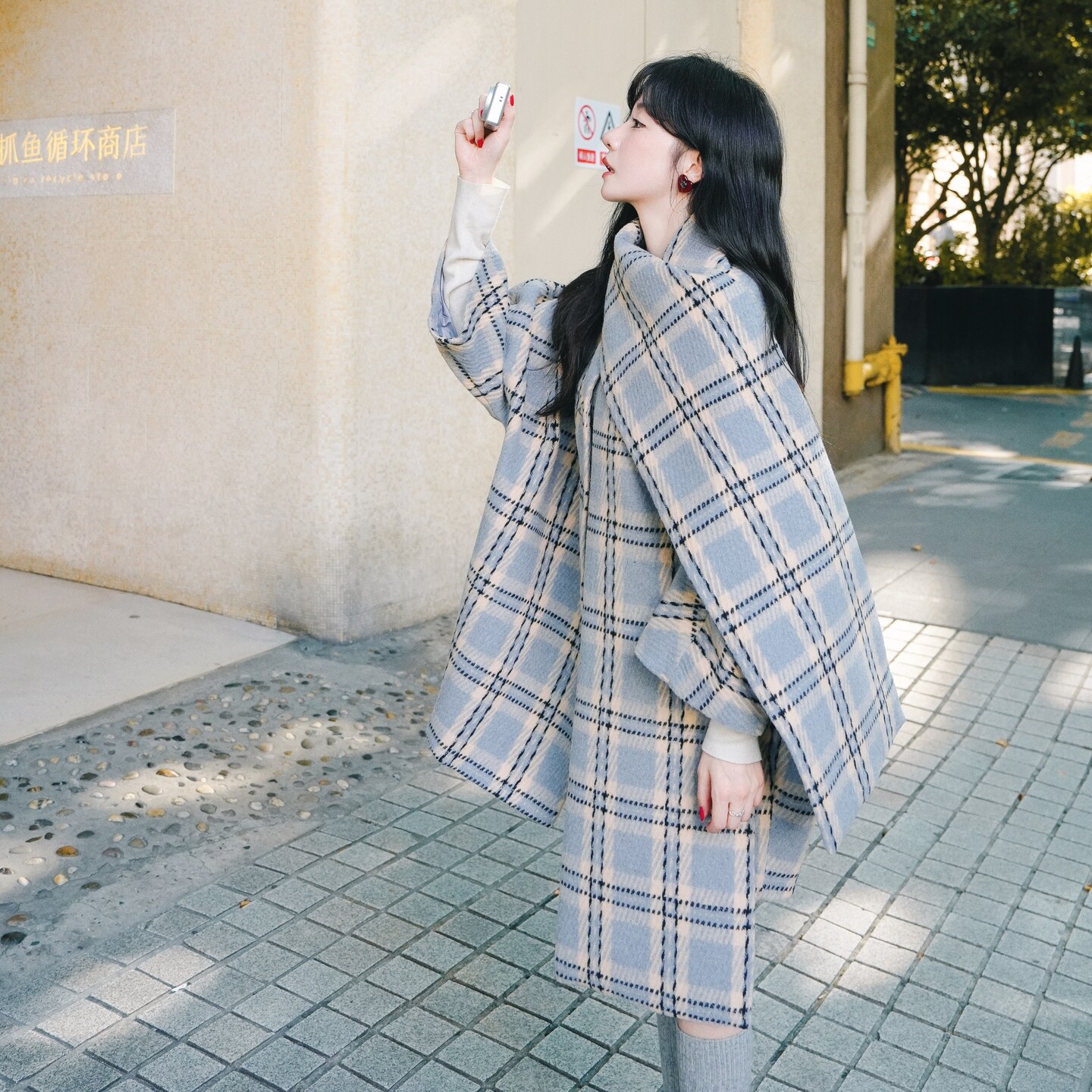 甜美气质灰蓝色格纹呢大衣外套女秋冬2025新款设计感小众流行爆款,女装毛呢外套,2C021