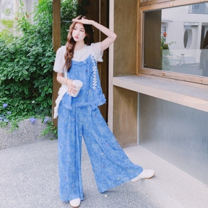 夏日ootd穿搭休闲套装女温柔系显瘦蕾丝T恤吊带阔腿裤三件套爆款图片