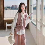 粉色高级感长袖衬衫牛仔马甲套装裙女2025秋新款复古半身裙三件套，女装套装/套裙，2C021