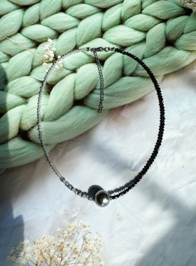 黑白项链天然锆石铂金灰女贝珠