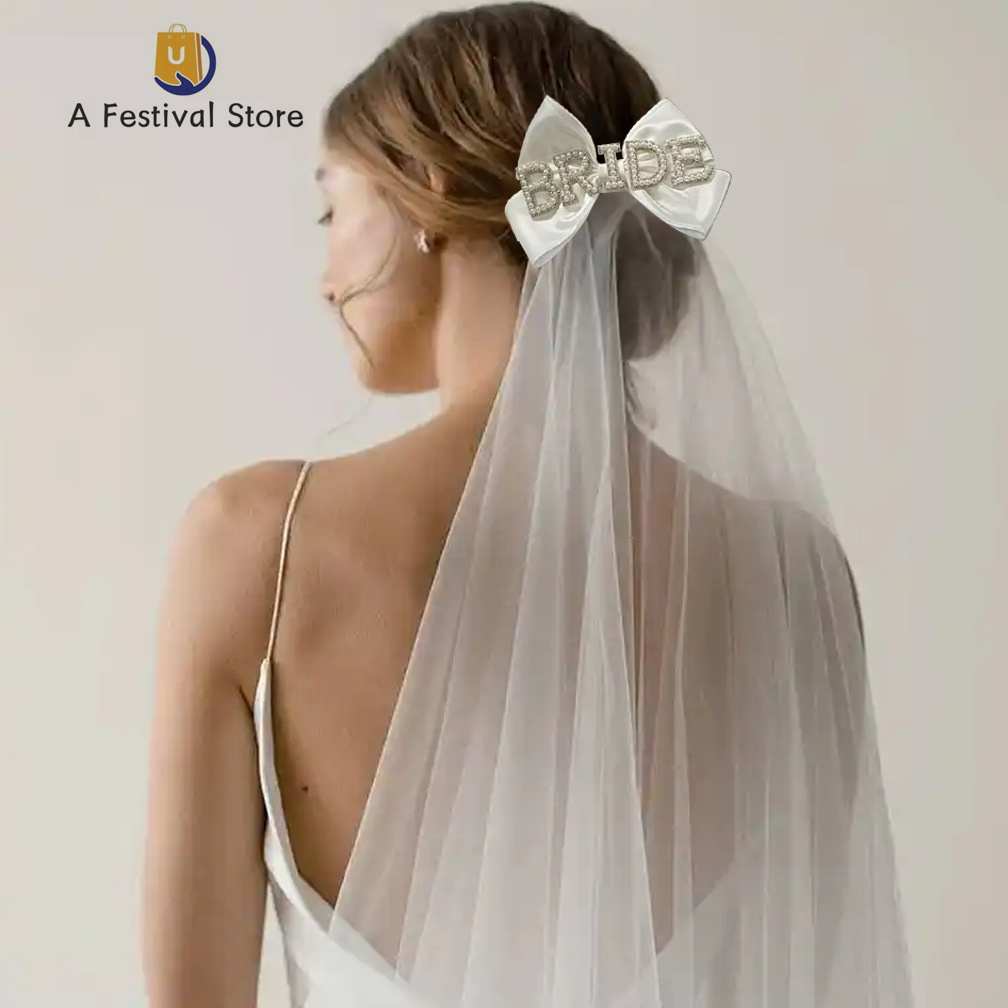 珍珠Bride蝴蝶结发卡头纱新娘