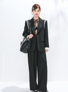 蕾丝肩章条纹西装外套女休闲小西服显瘦小个子上衣阔腿裤两件套女
