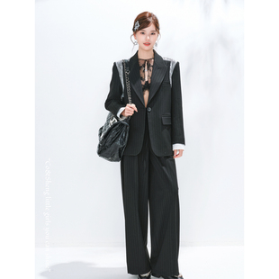 蕾丝肩章条纹西装 两件套女 外套女休闲小西服显瘦小个子上衣阔腿裤