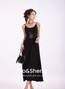 墨竹/重生小个子定制春夏新款鱼骨黑色吊带连衣裙女欧若风