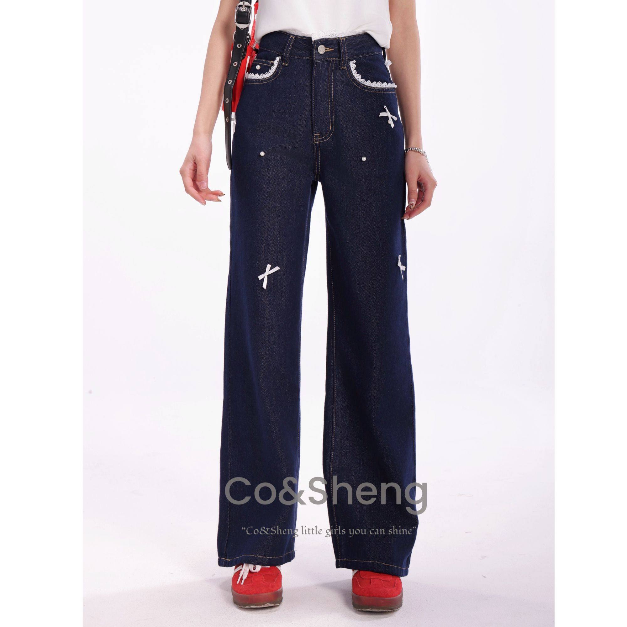 CO&SHENG小个子春款蝴蝶结莱赛尔天丝牛仔裤高腰直筒甜美百搭