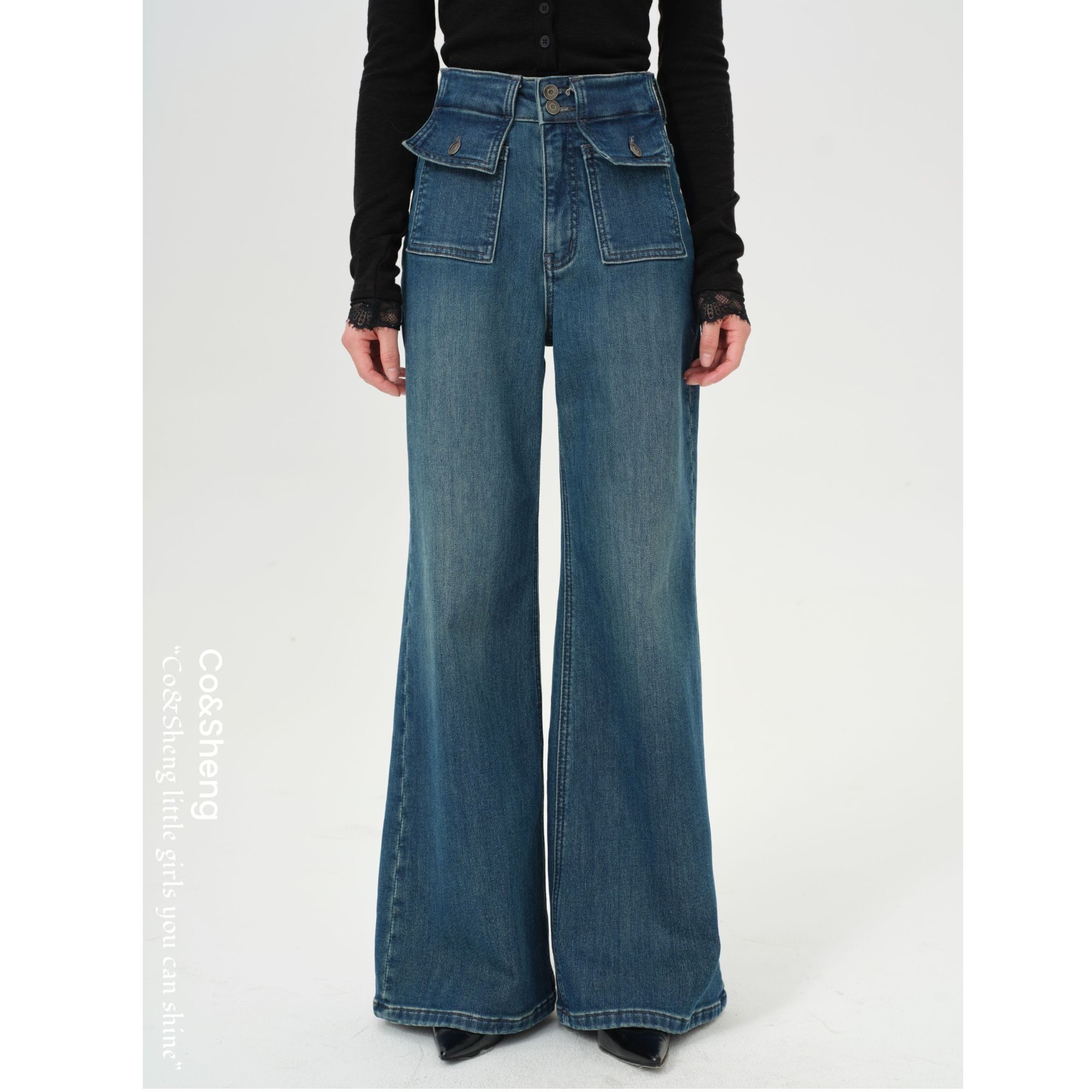 忧蓝/重生 重工高腰设计浅色直筒复古牛仔裤秋冬 Co&Sheng