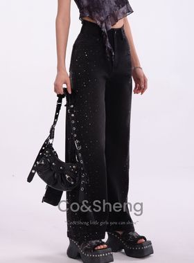 夜影星/COSHENG小个子春季黑色水钻直筒牛仔裤高腰复古时尚感显高