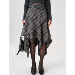 解构格纹/Co&Sheng重生小个子不规则格子半身裙春新款复古高腰A字