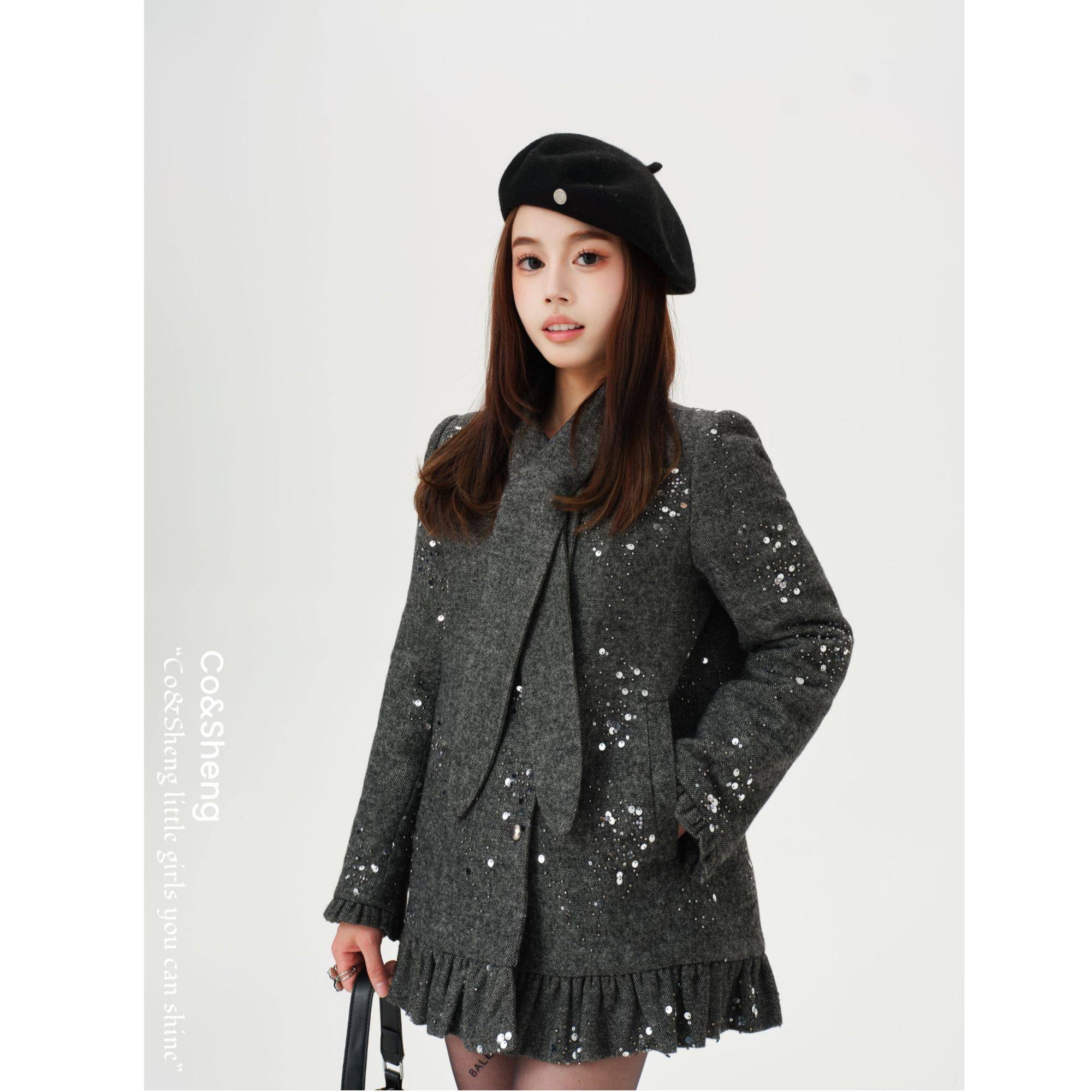 灰韵/重生小个子春季新款羊毛毛呢灰色西装外套宽松气质小香风