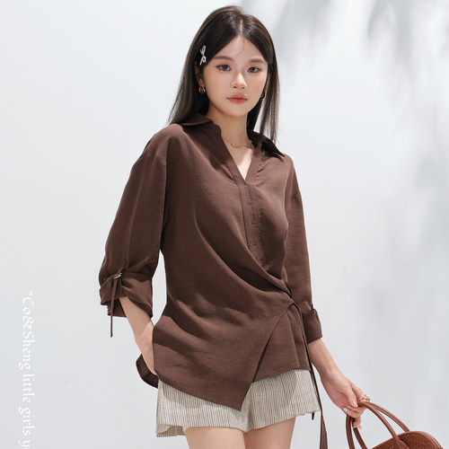 小个子衬衫女绑带收腰铜氨丝衬衫