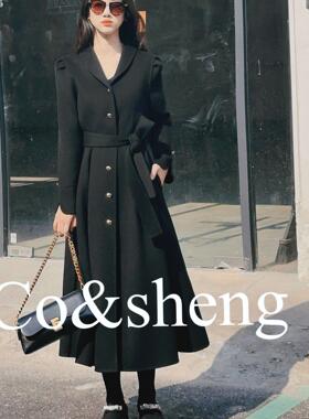 黑曜石/co&sheng小个子定制秋冬新款黑色双面大衣赫本风气质优雅