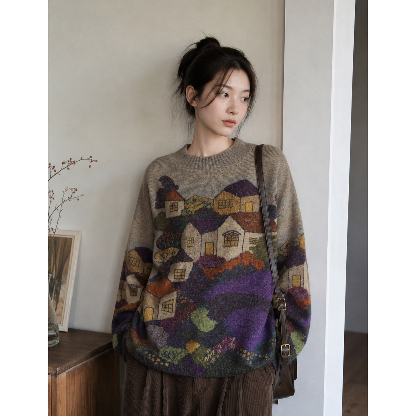 本当秋冬设计感圆领毛衣复古印花加厚保暖上衣女宽松高级感针织衫