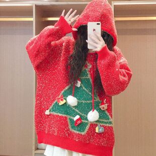 秋冬新款圣诞树毛衣小鹿毛球亮丝连帽设计感宽松甜美减龄针织衫女