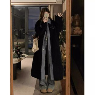 黑色假两件皮毛一体仿羊羔毛外套女冬加绒加厚保暖中长款过膝大衣