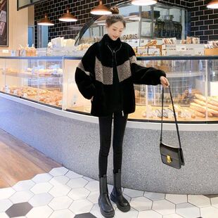 加厚加绒外套女冬季2022年新款仿羊羔毛拼色短款大衣宽松外套