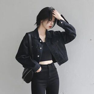 2025新款早春复古街头宽松黑色短款牛仔外套女百搭夹克衫长袖上衣