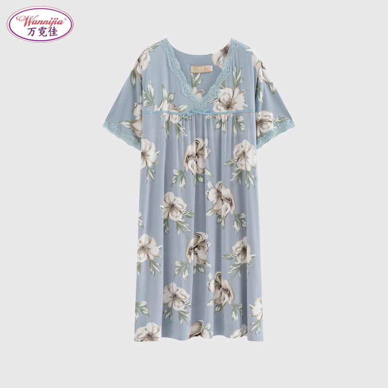 万霓佳莫代尔睡裙轻薄女夏季蕾丝花卉加肥加大中老年妈妈大码睡衣