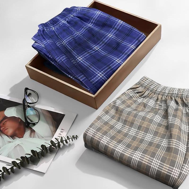 纯棉睡裤加肥格子中老年长裤