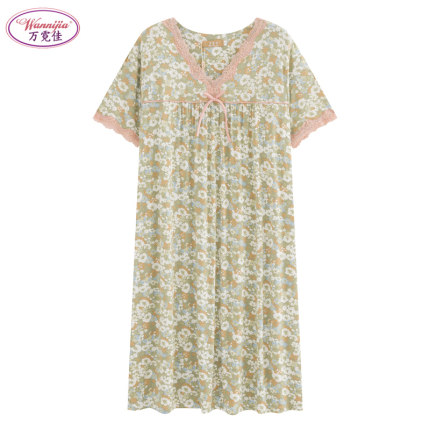 万霓佳莫代尔睡裙浅绿碎花连衣裙夏薄款加肥加大中老年妈妈家居裙