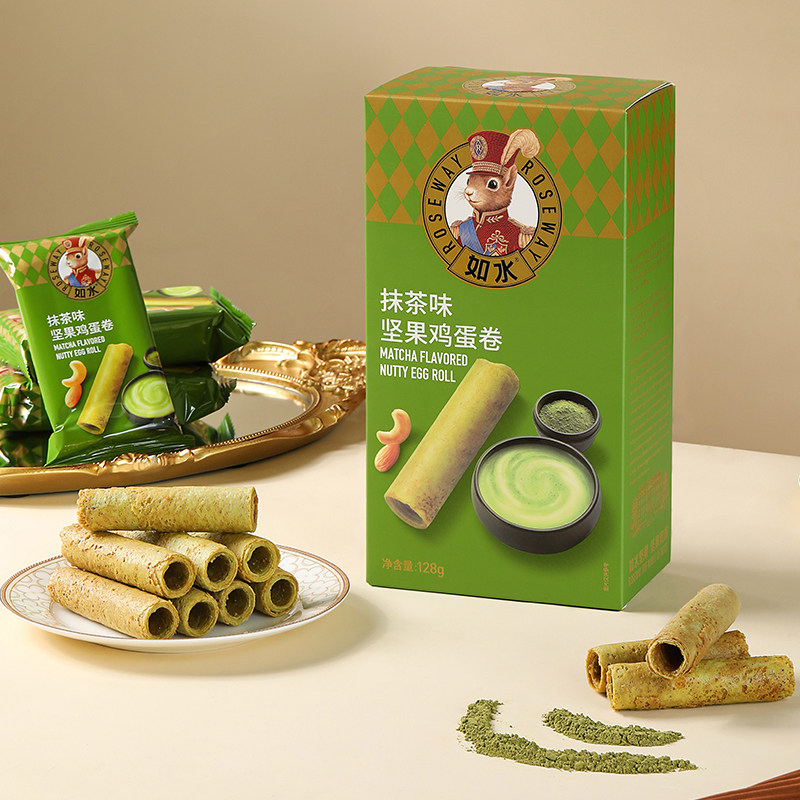 如水坚果抹茶味蛋卷128g 抹茶零食休闲独立包装0添加剂孕妇儿童