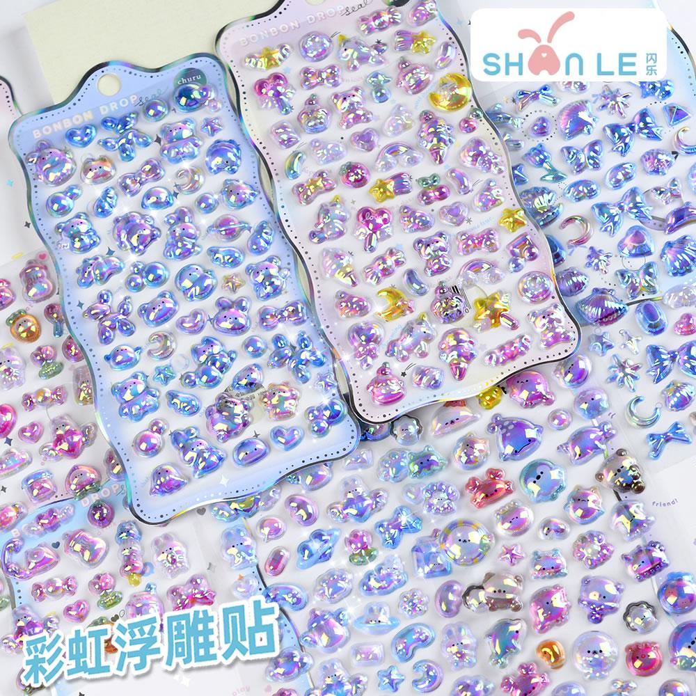 闪乐可爱动物3d立体彩虹渐变浮雕水晶贴纸儿童小鼻嘎女孩装饰贴画图片