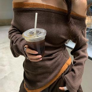 纯欲风设计感撞色拼接一字肩褶皱不规则下摆假两件针织毛衣女秋冬