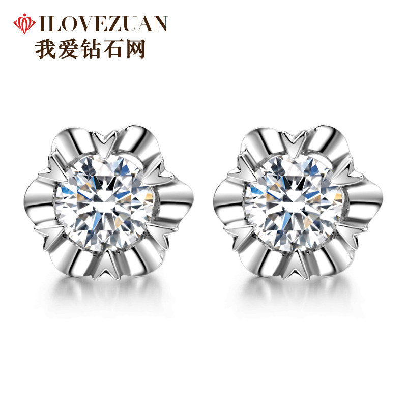 我爱钻石网雪花钻石耳钉女耳环单钻结婚耳饰真钻正品18K金显钻