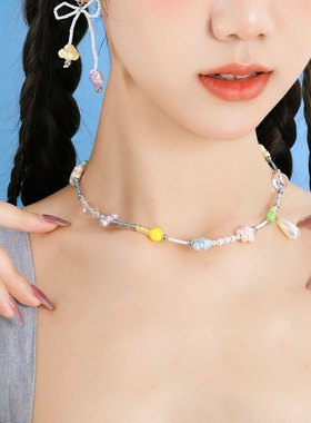 原创星星串珠锁骨链少女感彩色清新夏日多巴胺小众项链手工童趣