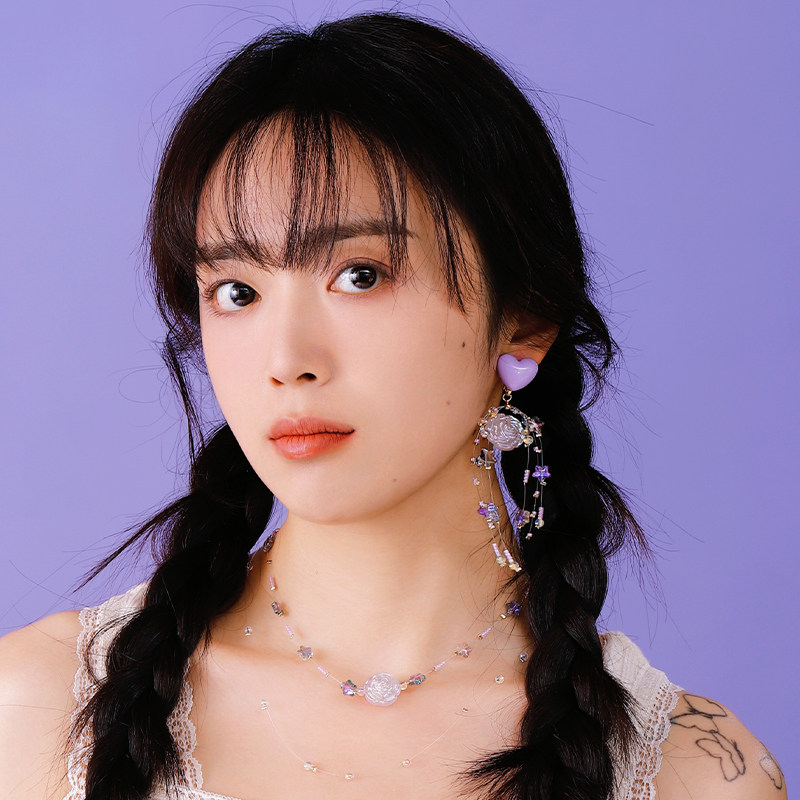 蒜了耳饰长款仙气紫色耳环可爱爱心耳钉显瘦少女心无耳洞耳夹原创