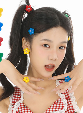 蒜了水晶捷克花朵耳环2026年新款潮甜美小众设计耳钉复古彩色发夹