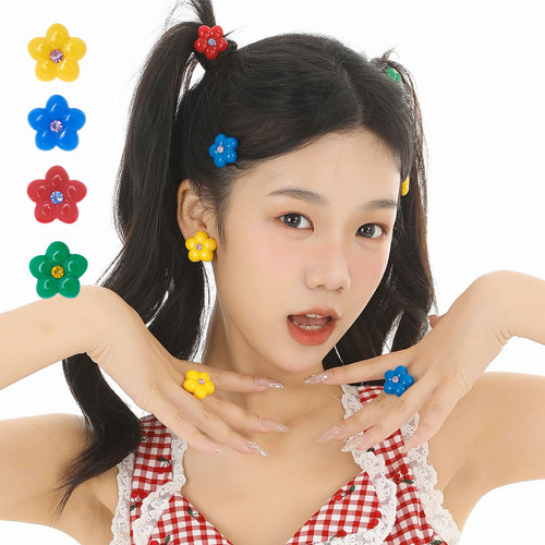 蒜了水晶捷克花朵耳环2026年新款潮甜美小众设计耳钉复古彩色发夹