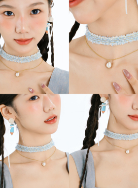 海盐蓝小香风choker双层叠戴项链女小众设计感锁骨链原创设计颈链