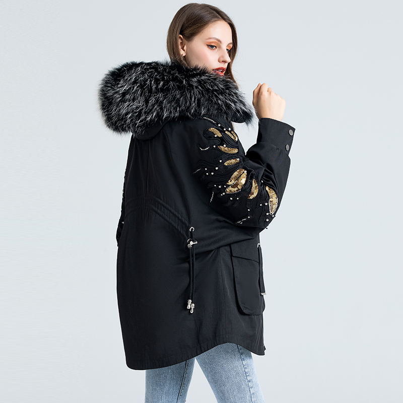 派克服女冬款新款钉珠亮片翅膀獭兔毛皮草内胆可拆卸时尚韩版短款