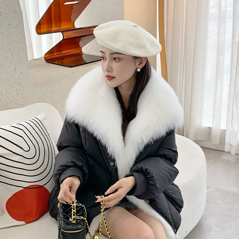 2023冬新款海宁狐狸毛领皮毛一体毛皮草外套中长款鹅绒羽绒服大衣