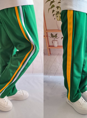 绿色双白条校服裤子白黄条男女中小学生宽条宽松直筒运动秋冬加绒