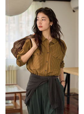 solighter 法式复古黄色条纹长袖衬衫女秋季2025新款宽松显瘦上衣