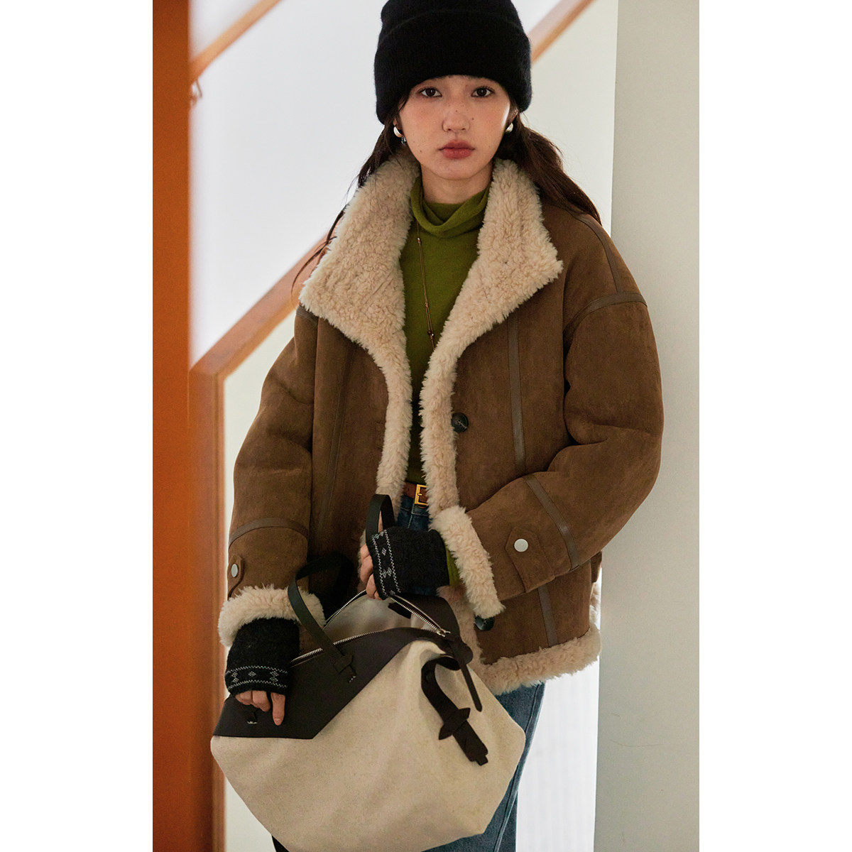 solighter 100%羊毛立领皮毛一体夹克外套女秋冬2025新款毛毛外套