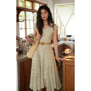 短袖 solighter 2026新款 复古格子不规则连衣裙春季 收腰长裙 法式