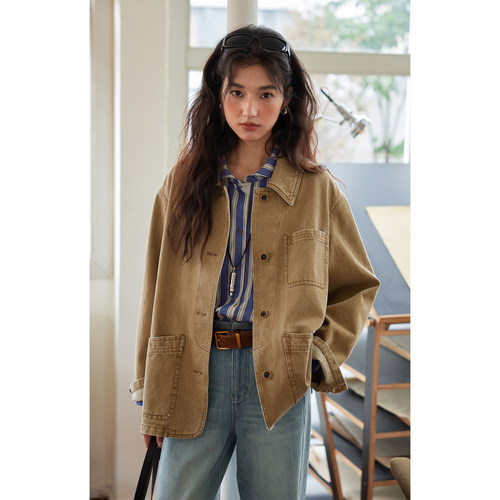 solighter法式棕色宽松牛仔外套