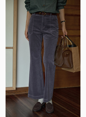 solighter 法式复古灯芯绒微喇裤女秋季2025新款修身设计感裤子