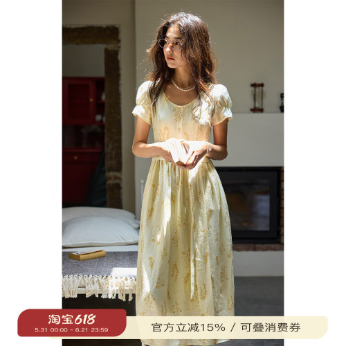 solighter法式苎麻碎花连衣裙