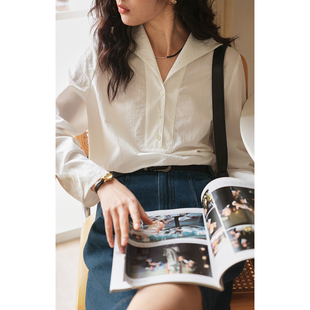 法式 2025新款 白色水手领长袖 女春季 显瘦v领衬衣 衬衫 solighter