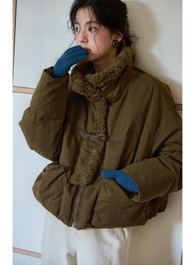 solighter 法式复古短款立领毛领羽绒服女冬季2025新款小个子外套