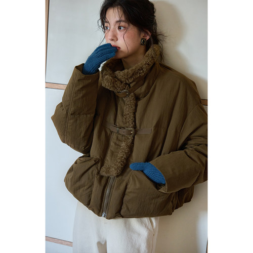 solighter 法式复古短款立领毛领羽绒服女冬季2025新款小个子外套