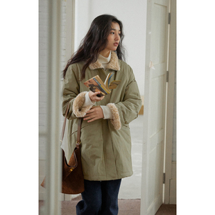 2025新款 solighter 外套女冬季 复古立领加厚派克工装 加绒外套 法式