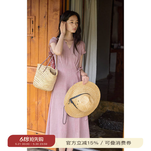 solighter法式v领泡泡袖连衣裙