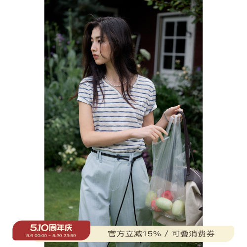 solighter法式莱赛尔v领条纹T恤