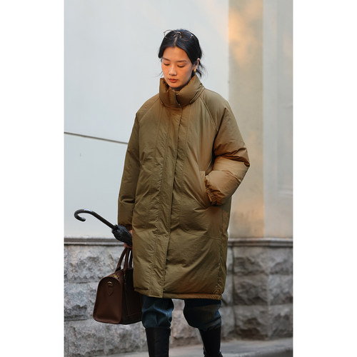 solighter复古长款连帽羽绒服