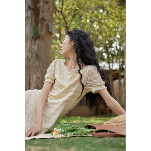 solighter法式 气质温柔收腰裙子 复古蕾丝连衣裙女夏2023早春新款